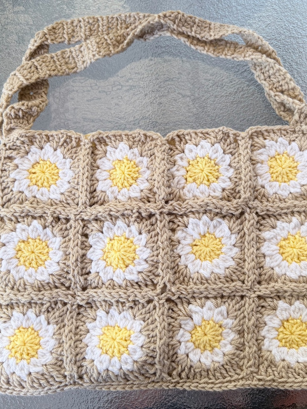 Handmade Crochet Daisy Square Travel Shoulder Bag - Beige, White & Yellow